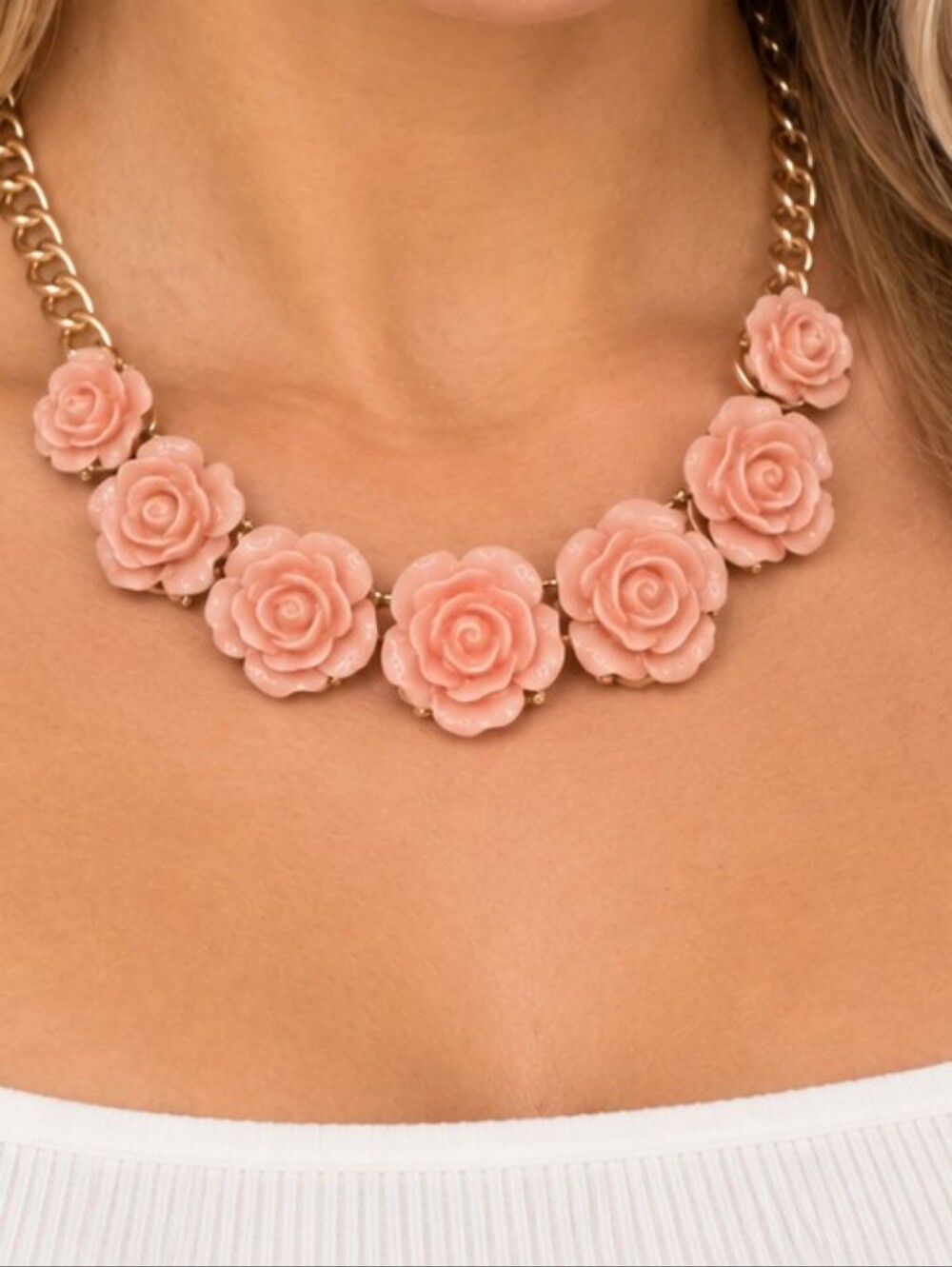 Pink Roses, Gold Chain Necklace